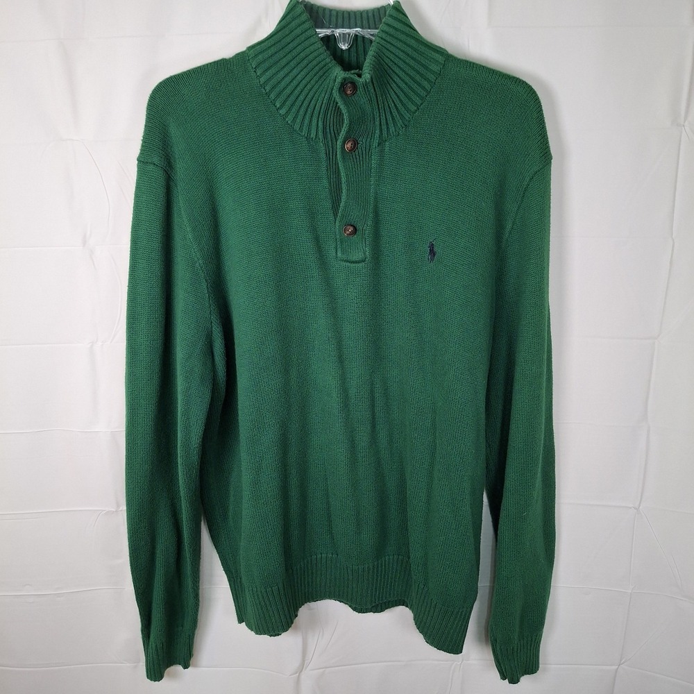 Vintage Polo Ralph Lauren Henley Sweater Men's XL Green Jumper Button‎ Blue Pony